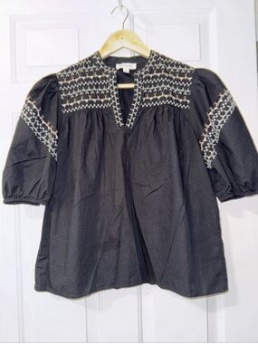 Anthropologie Calligraphe Black Embroidered Puff-Sleeve Peasant Top